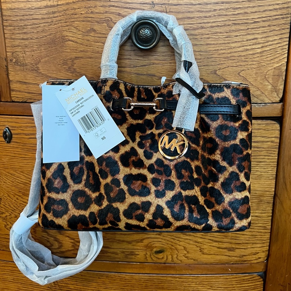 Michael Kors Carson Small Leopard Print Calf Hair Satchel Crossbody - Picture 11 of 14